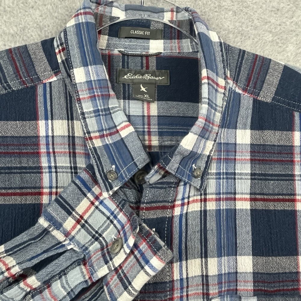 Eddie‎ Bauer Flannel Shirt Men's XL Red Blue Plaid Button Down Outdoor Light